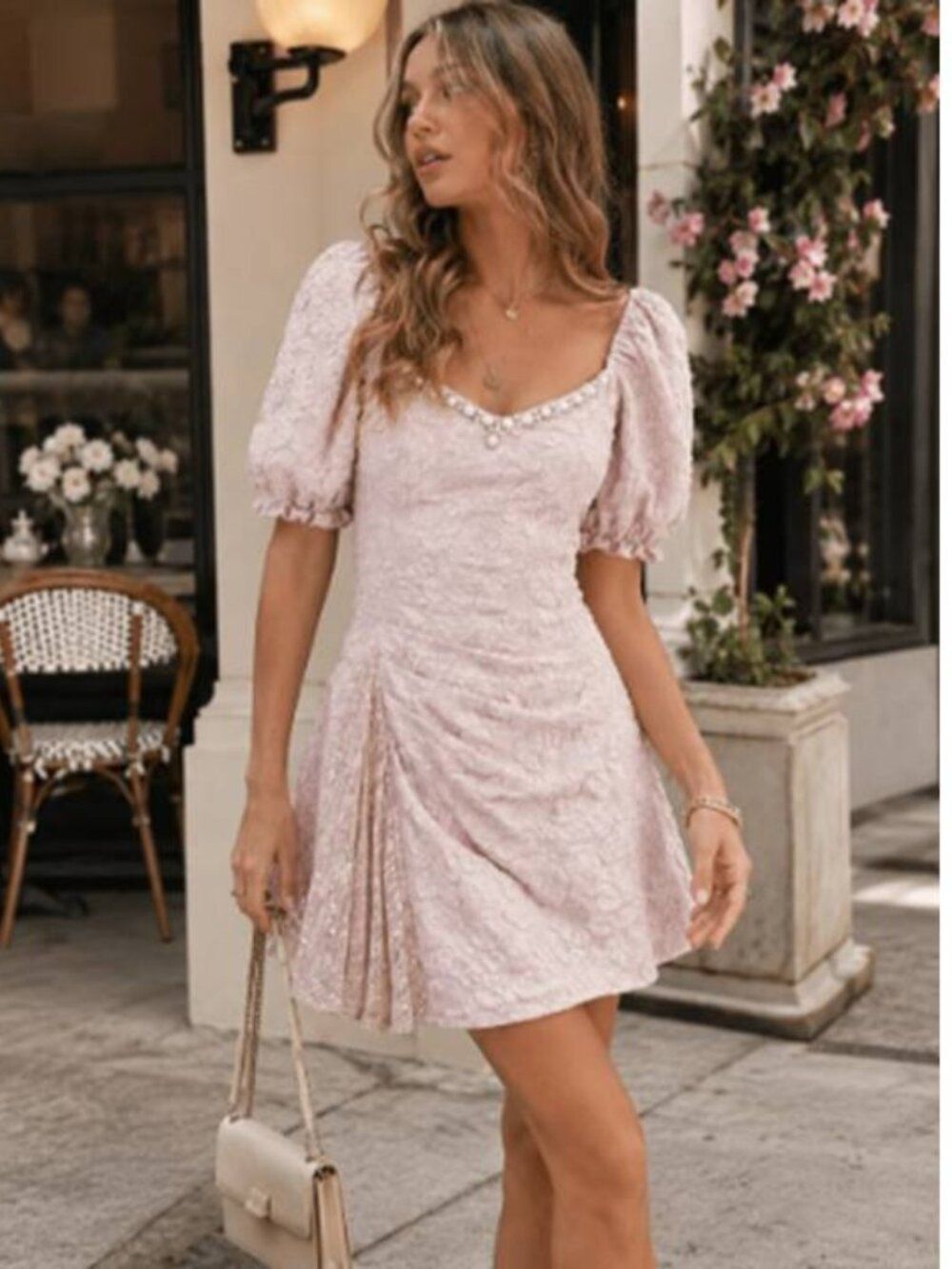 Womens Floral Jacquard Puff Sleeve Elegant Mini Dress Pearls Accents Party Blush